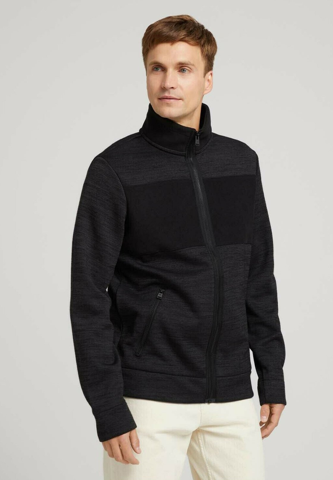 Homme TOM TAILOR Sweat à capuche zippé - dark grey light grey mouline